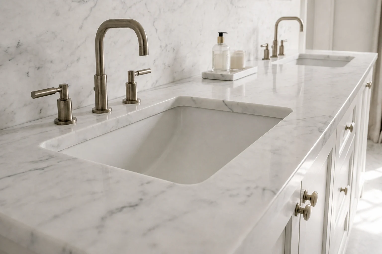 Eased marble edge and precise undermount-sink cutout with brushed-nickel fixtures.