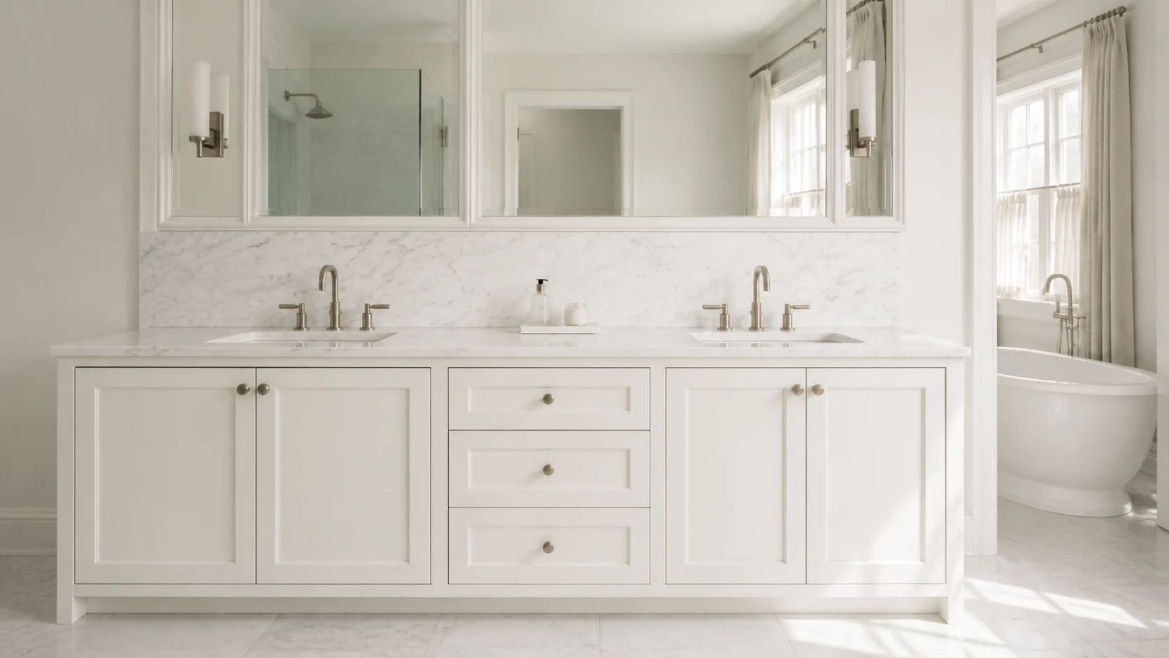 Straight-on view of the complete double vanity with two sink stations and continuous marble backsplash.