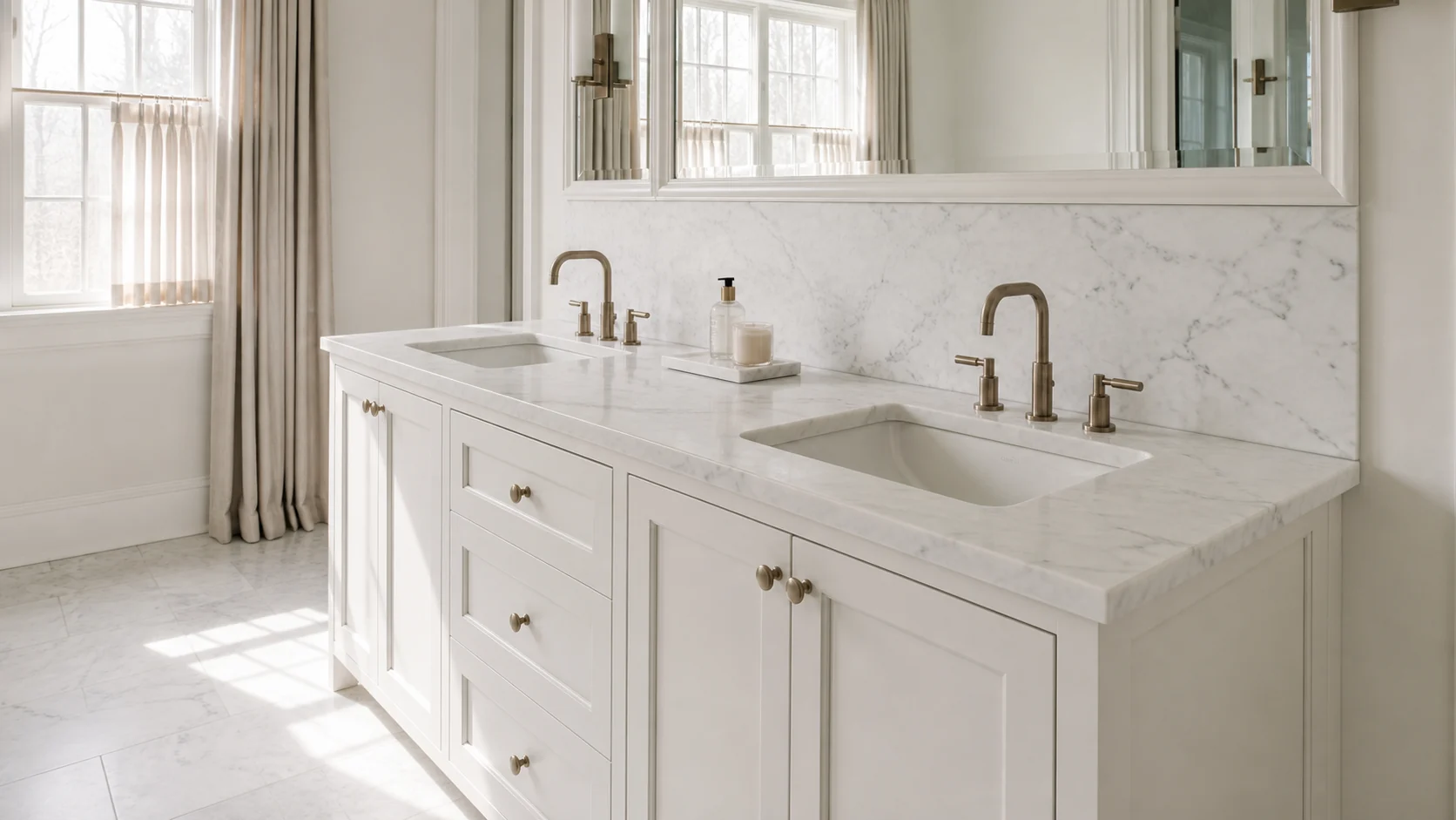 Three-quarter view showing the continuous marble top, both undermount sinks, and white inset cabinetry.