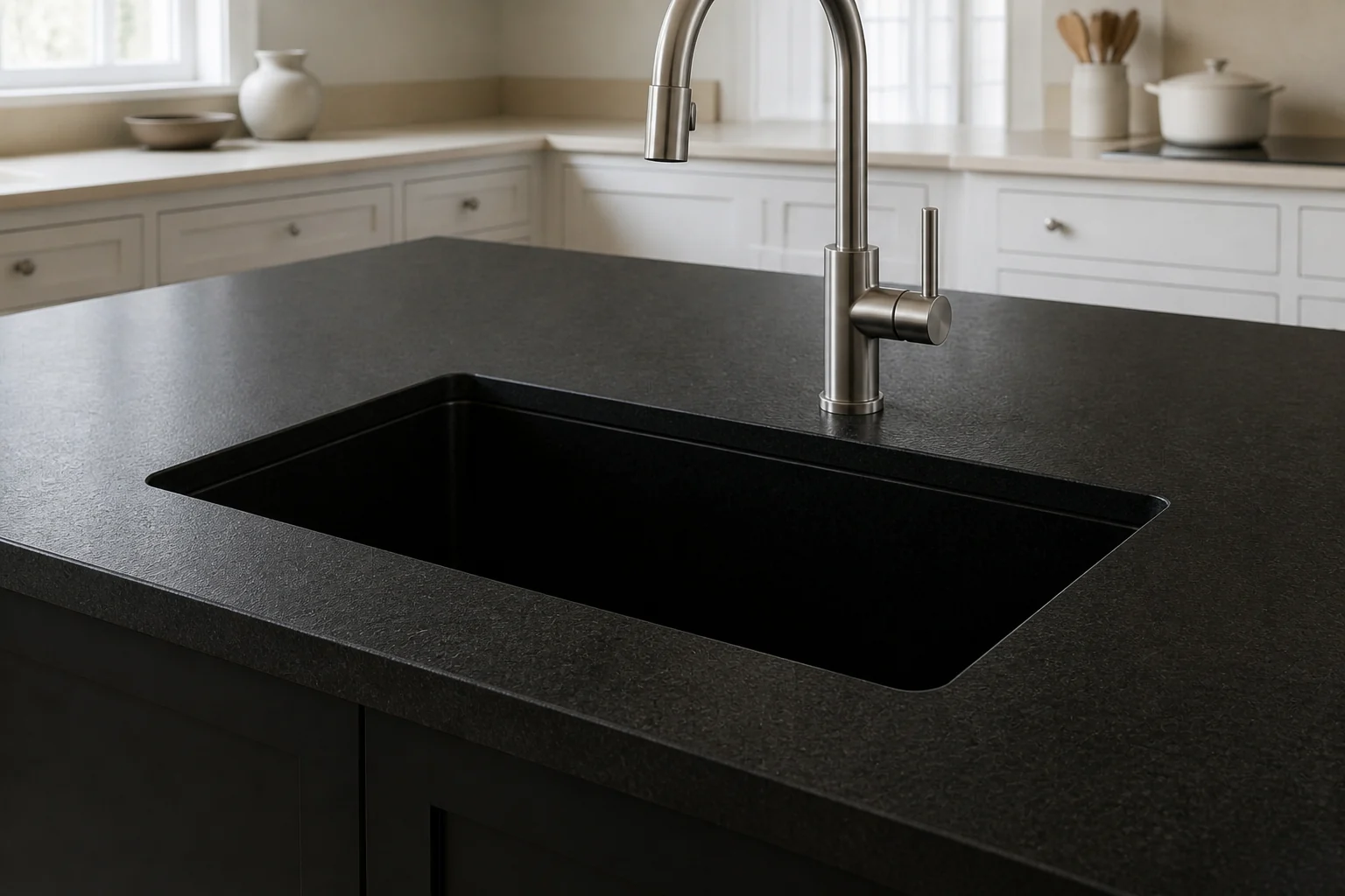Precise undermount-sink cutout in the black granite island with a brushed-metal faucet.