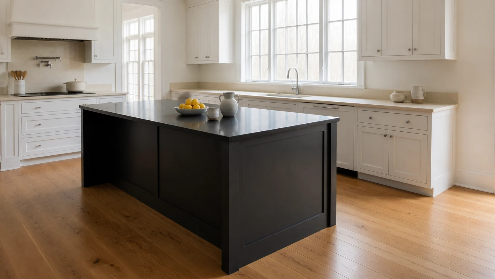 Reverse view of the leathered black-granite island and its relationship to the white perimeter kitchen.