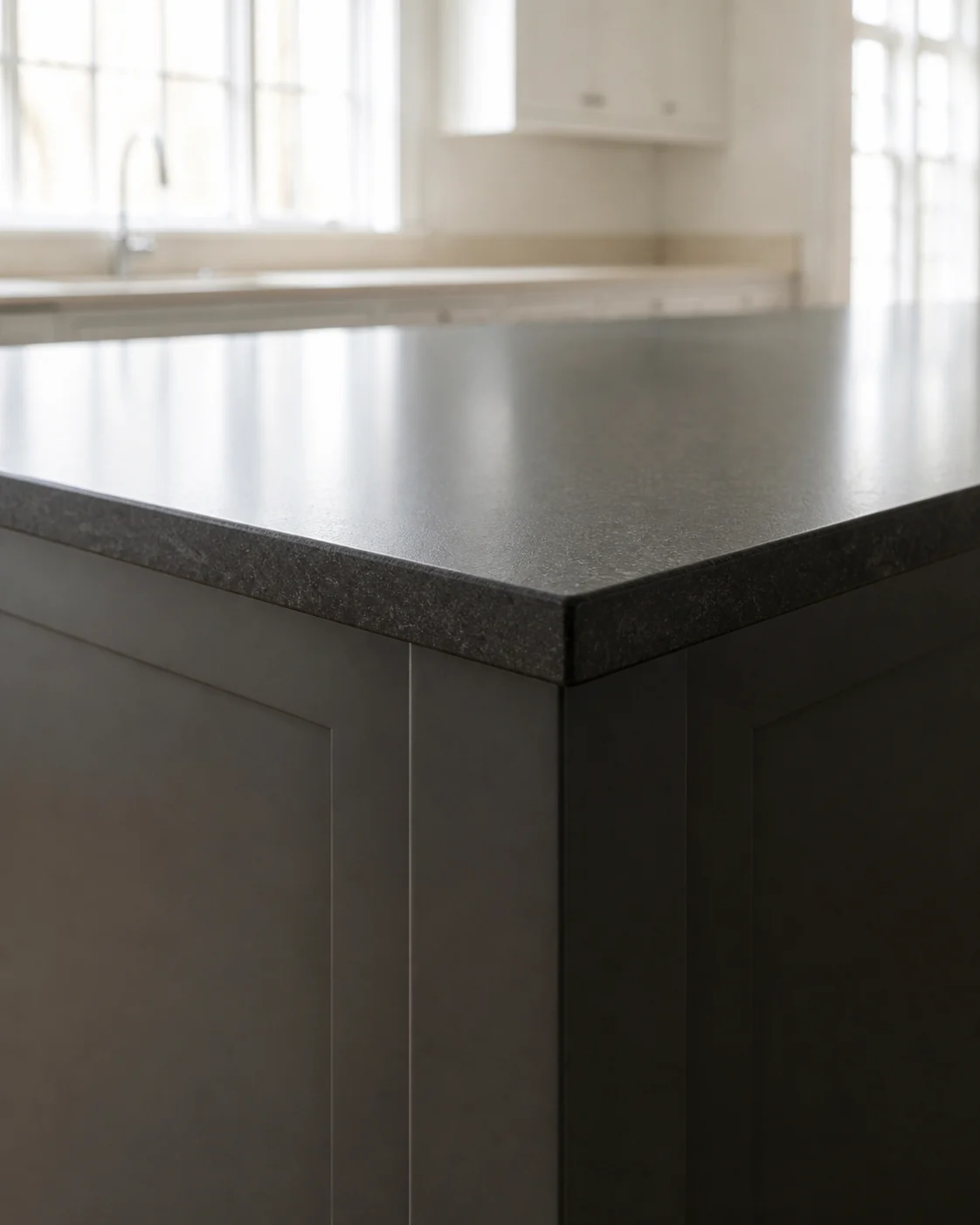 Crisp beveled edge fabricated in leathered Absolute Black granite.