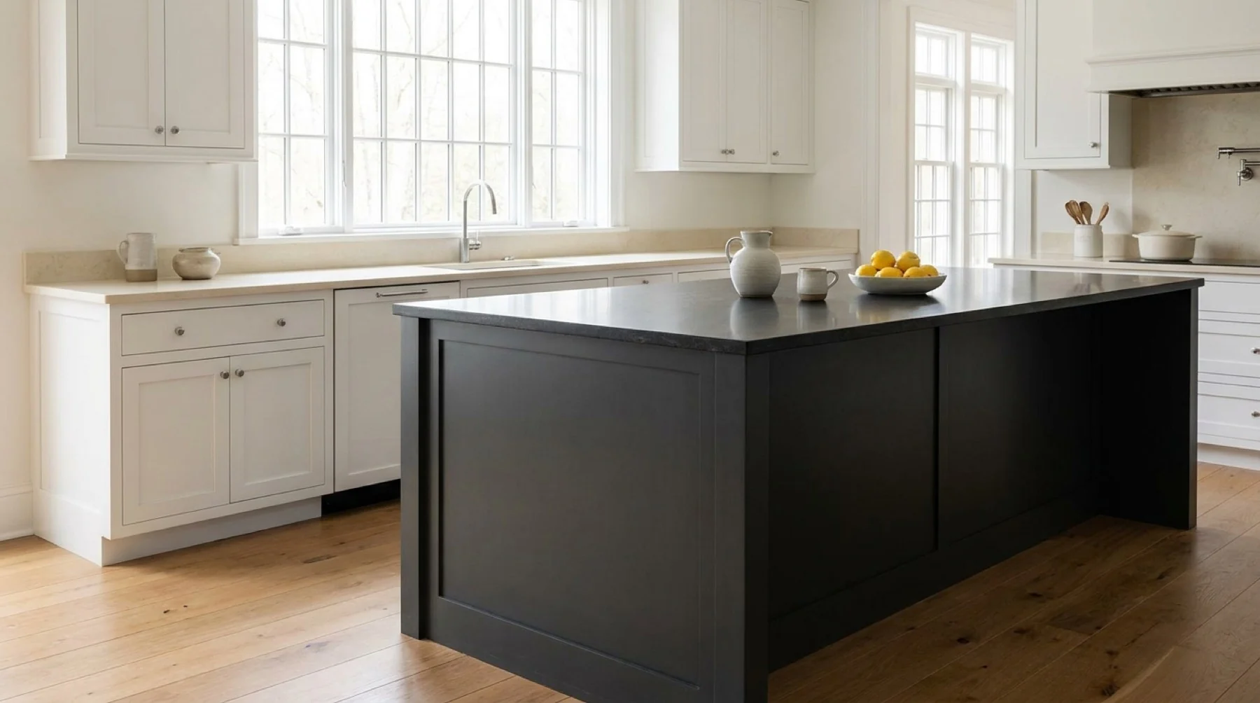 Bright white kitchen centered on a large dark island with a leathered Absolute Black granite top.