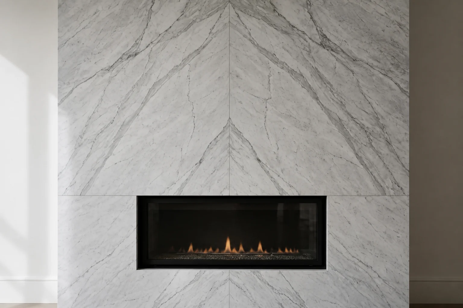 Central bookmatch seam aligned above and below the black firebox.