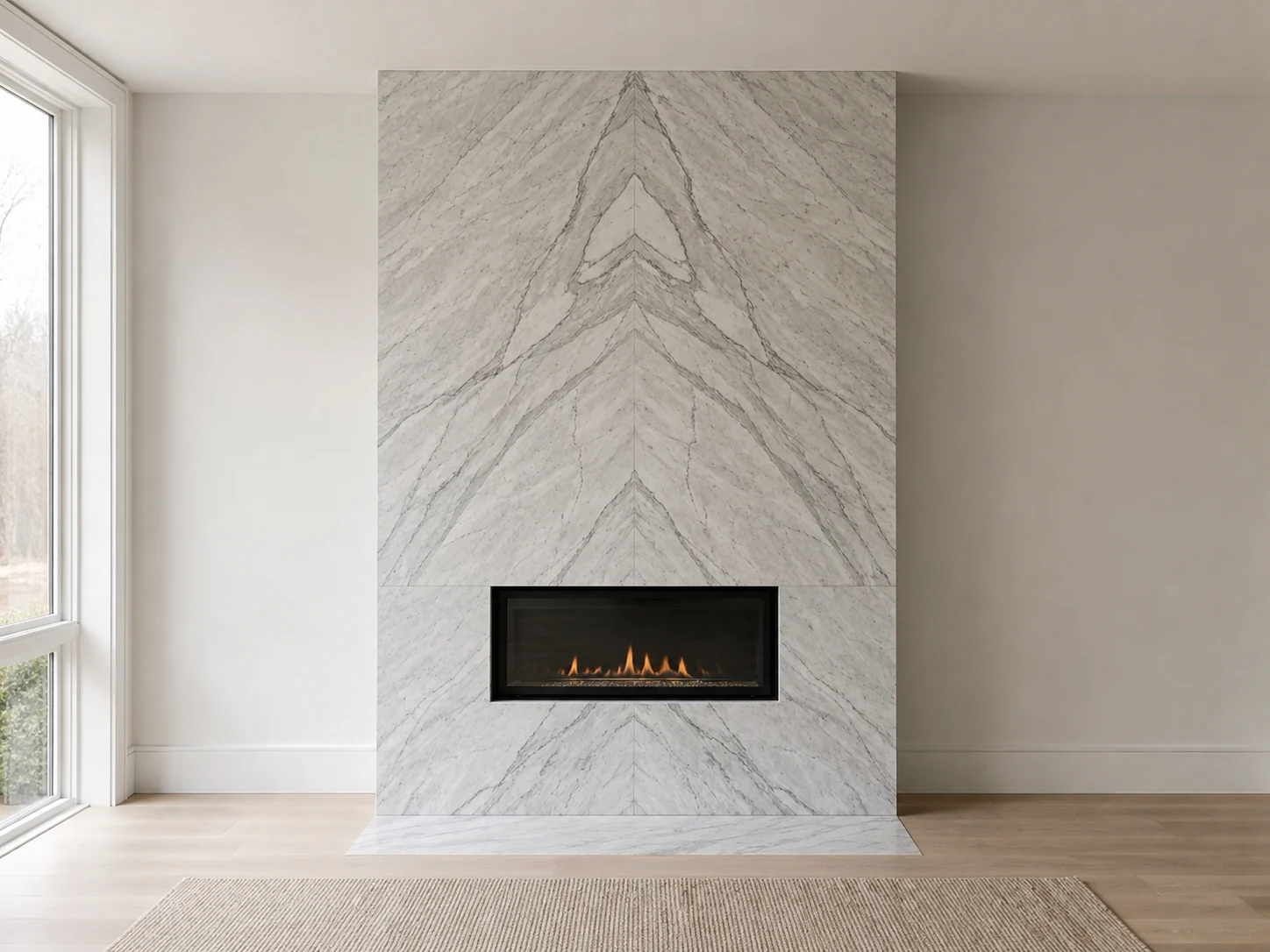 Straight-on view showing the symmetrical Statuario bookmatch and centered firebox.