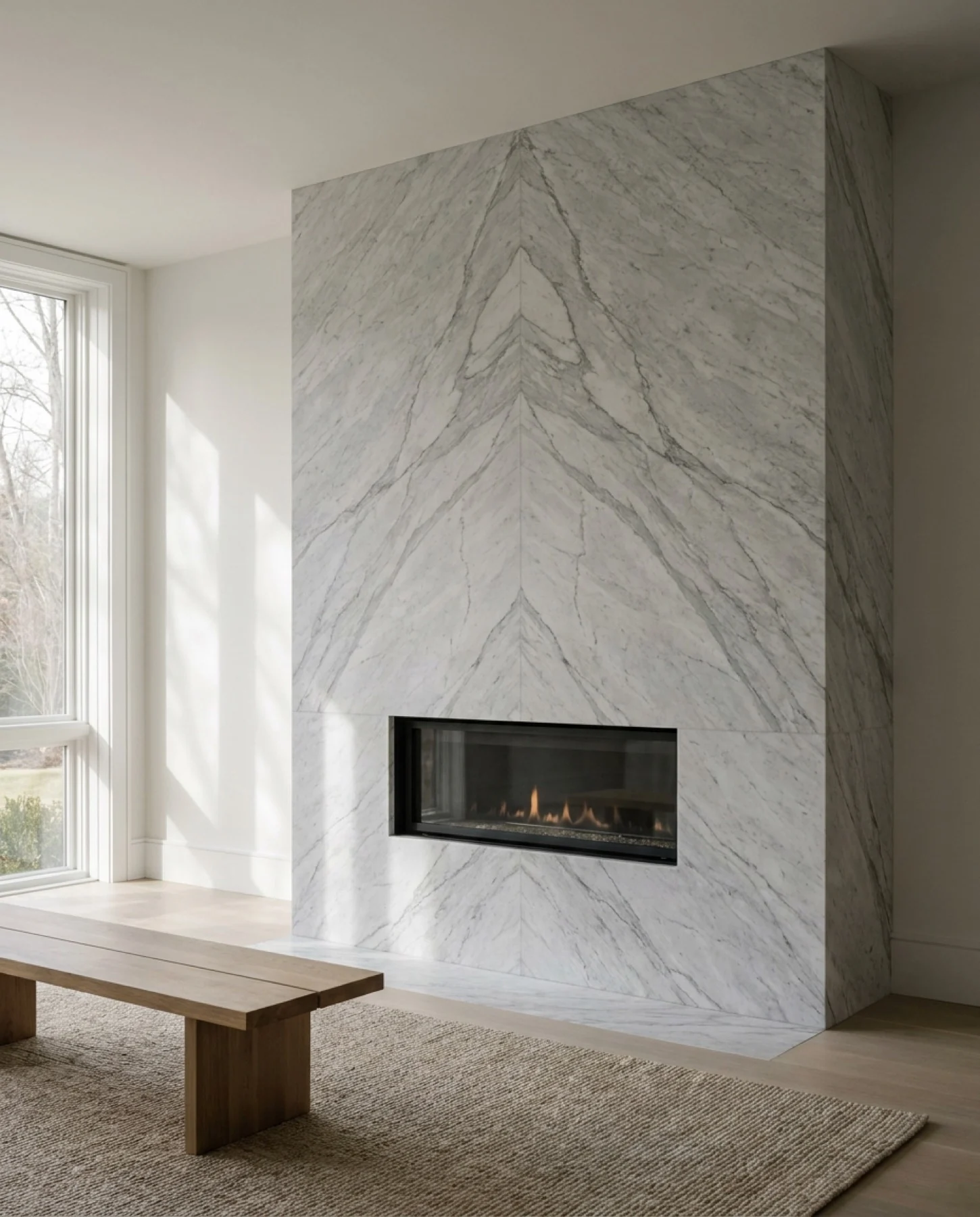 Original portrait view of the same full-height bookmatched marble fireplace and black firebox.