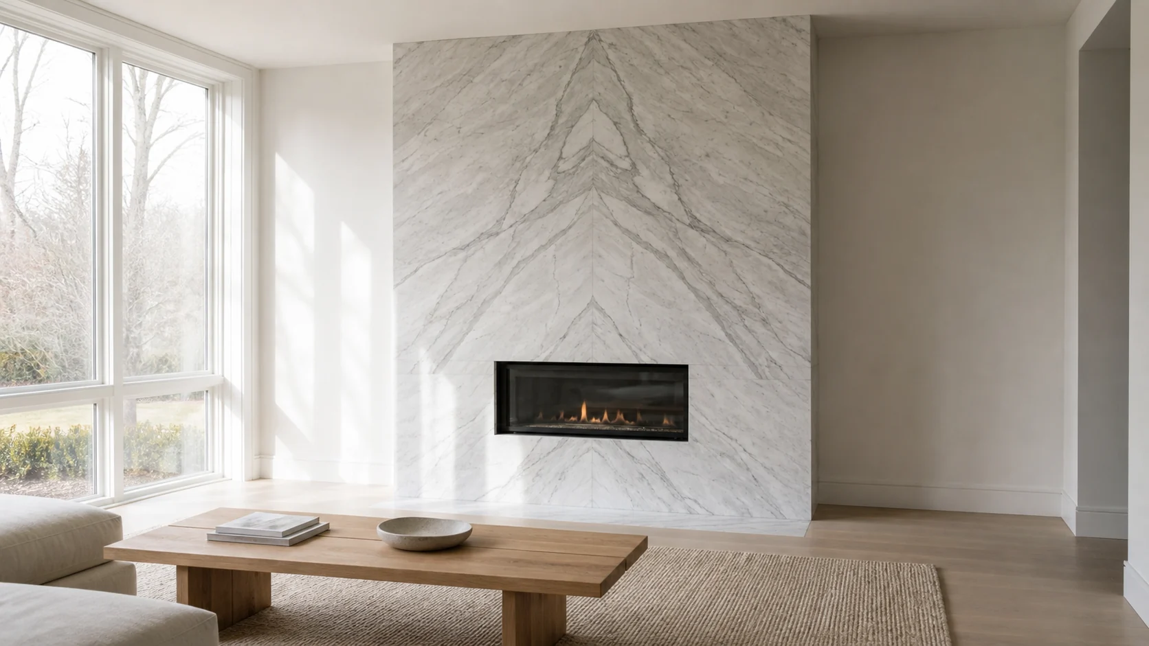 Wide living-room view of a floor-to-ceiling Statuario marble fireplace with mirrored bookmatch veining.