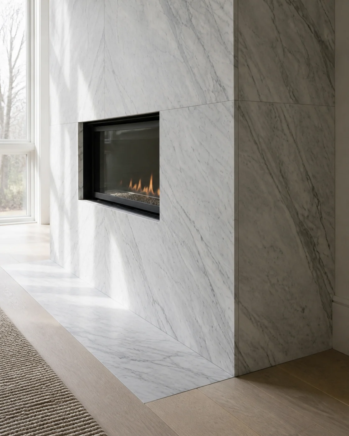 Close view of the fireplace side return, firebox reveal, and marble hearth junction.