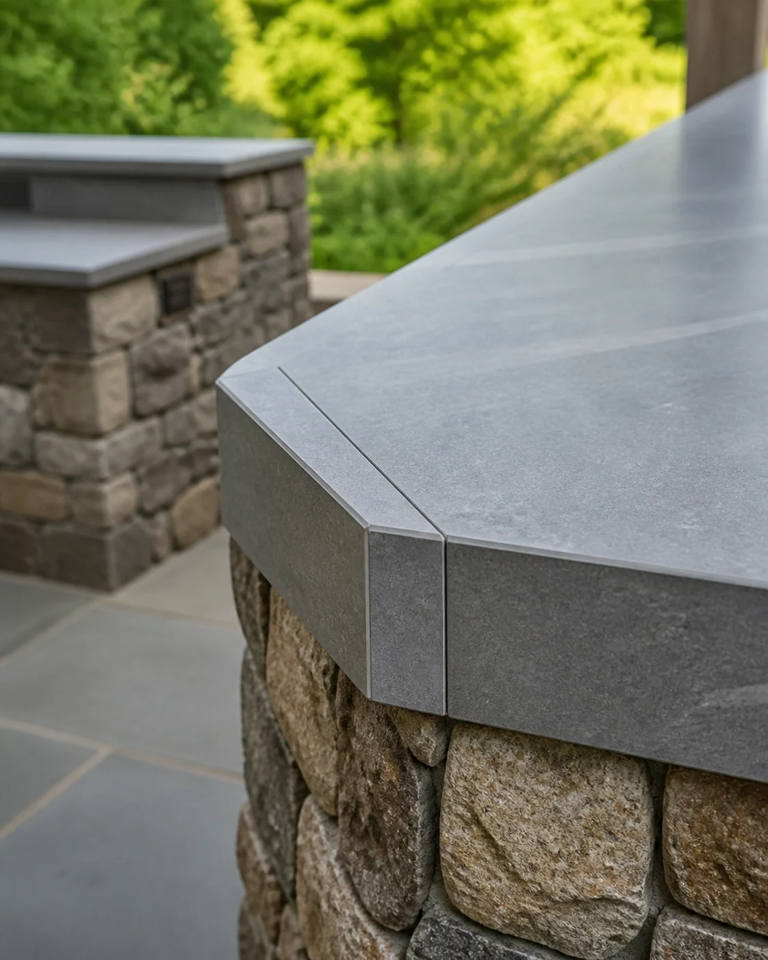Close view of a mitred porcelain return with a tight corner joint and aligned surface pattern.