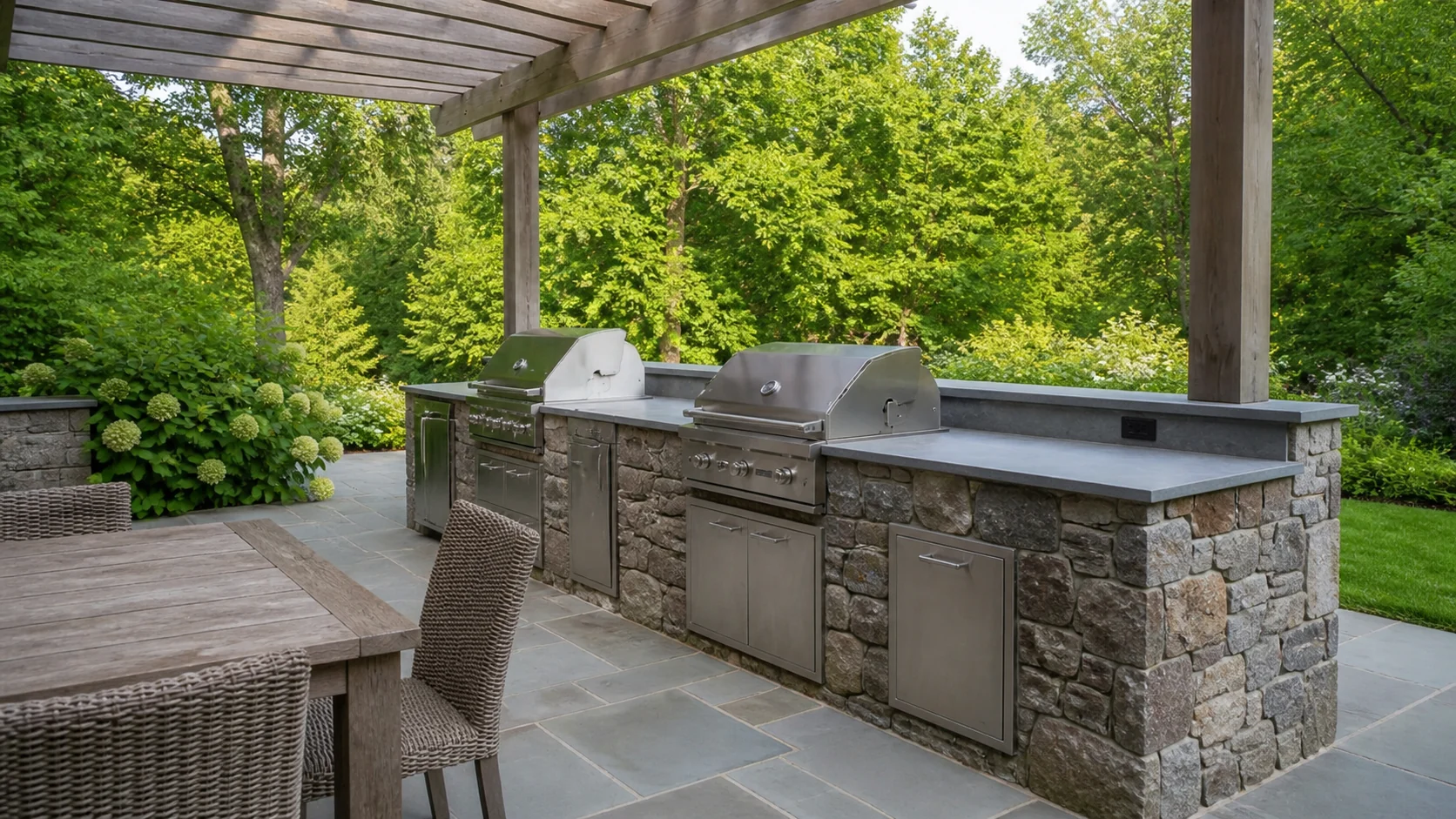 Reverse terrace view of the full porcelain outdoor-kitchen run and entertaining area.