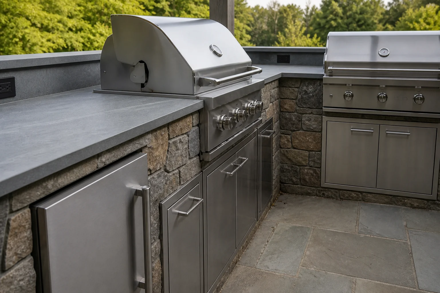 Precise porcelain cutouts around the built-in stainless grill and appliance suite.