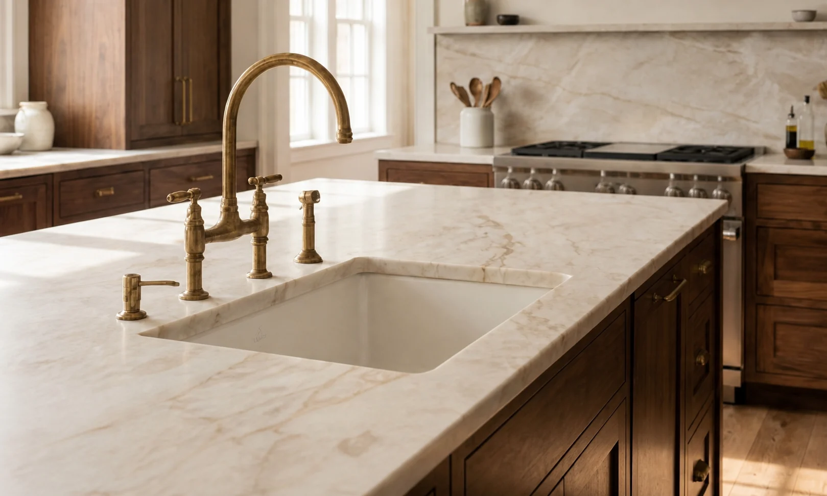 Taj Mahal quartzite island surface, sink cutout, edge, and warm brass fixtures.