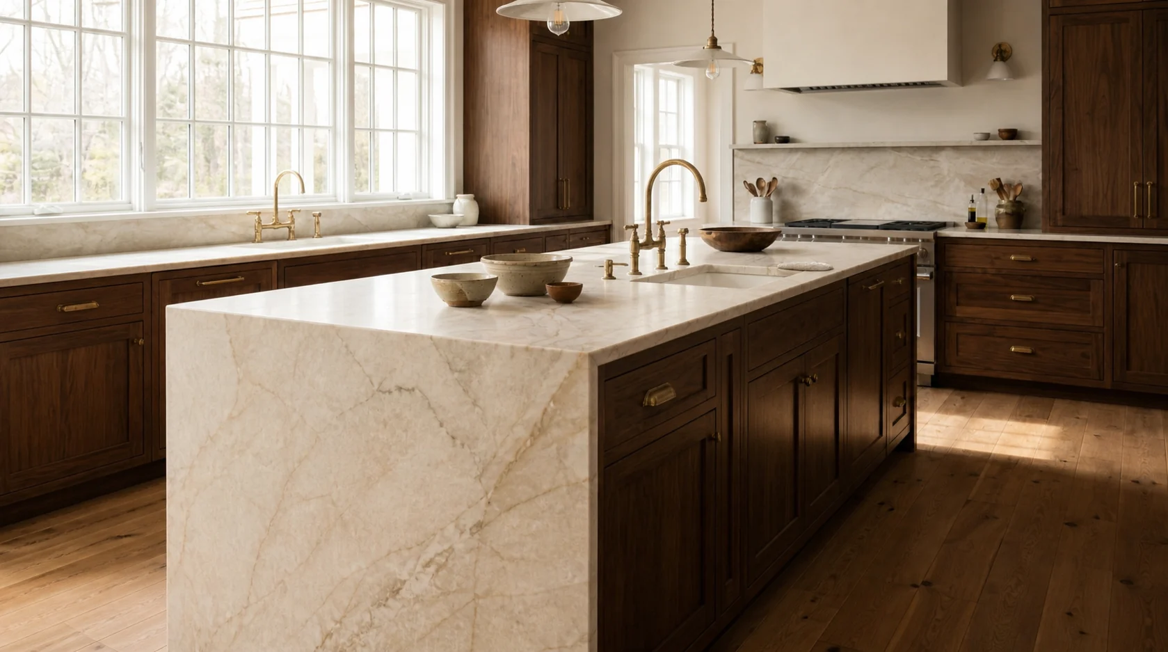 Reverse view showing the quartzite island, walnut cabinetry, and continuous waterfall end.