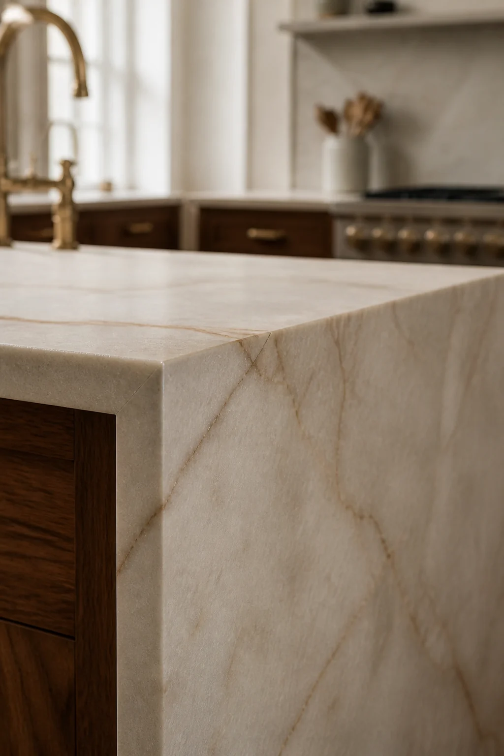 Close view of the mitred quartzite waterfall corner and vein continuity into the end panel.