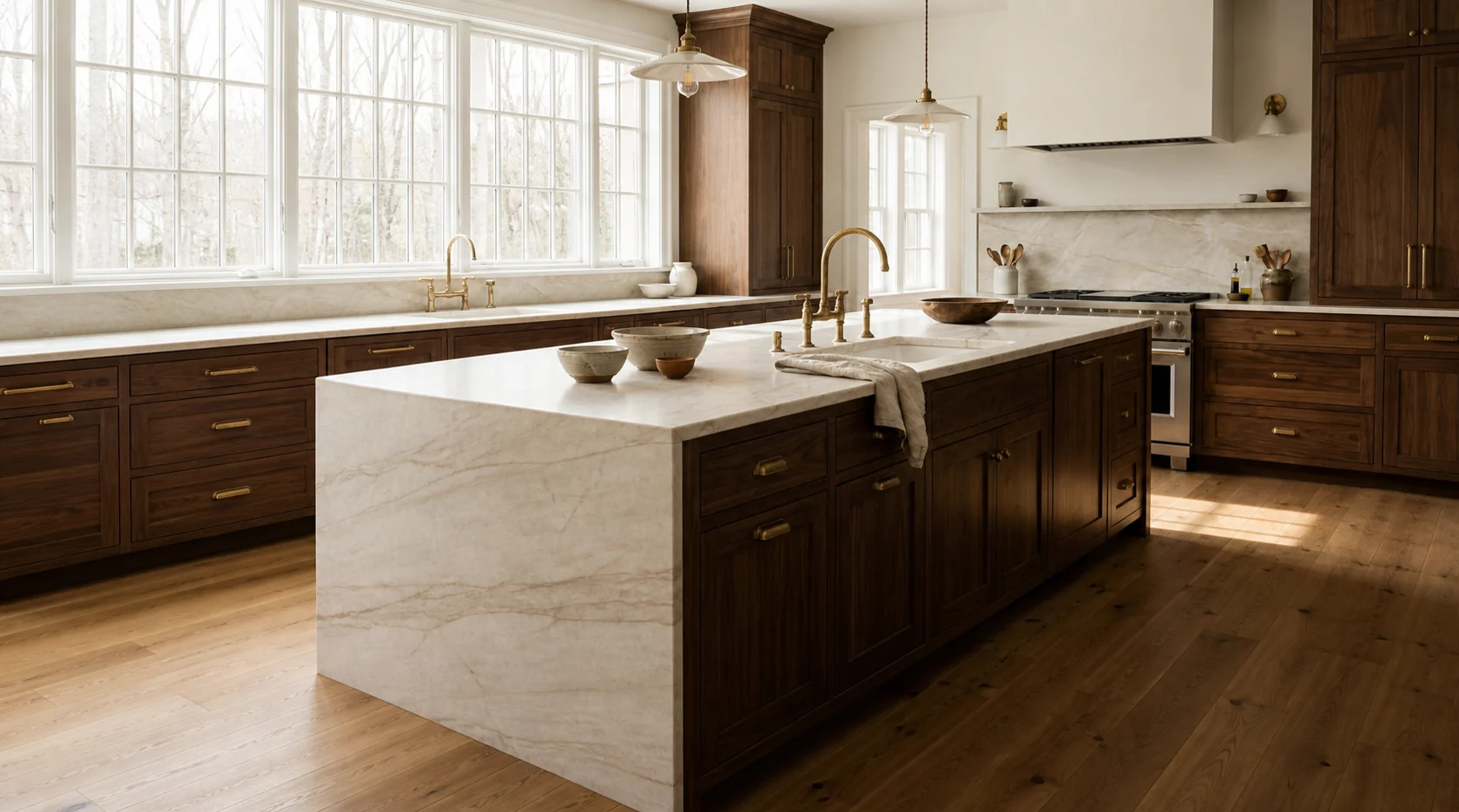 Walnut kitchen with a Taj Mahal quartzite island and a clearly visible vein-matched waterfall end.