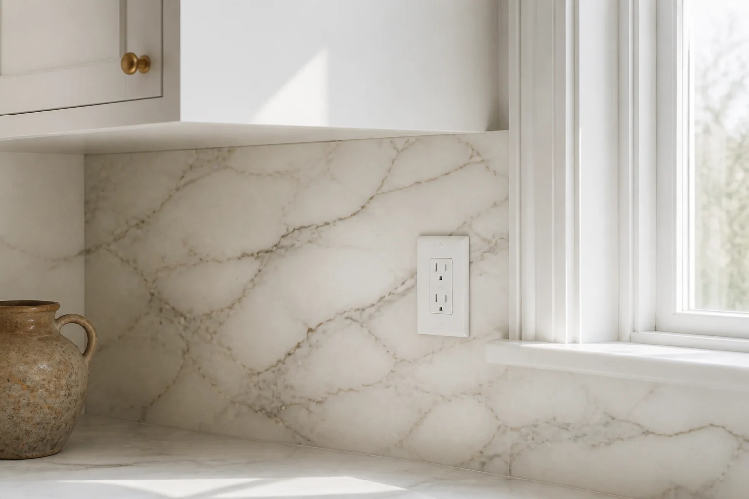 Precise outlet cutout and clean marble termination beside the window trim.