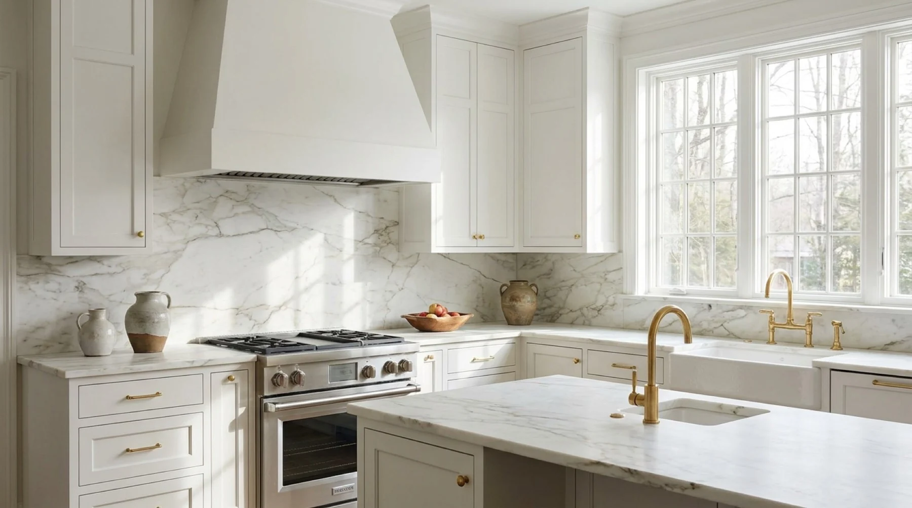 White kitchen with Calacatta Gold counters and a matching full-height slab backsplash.