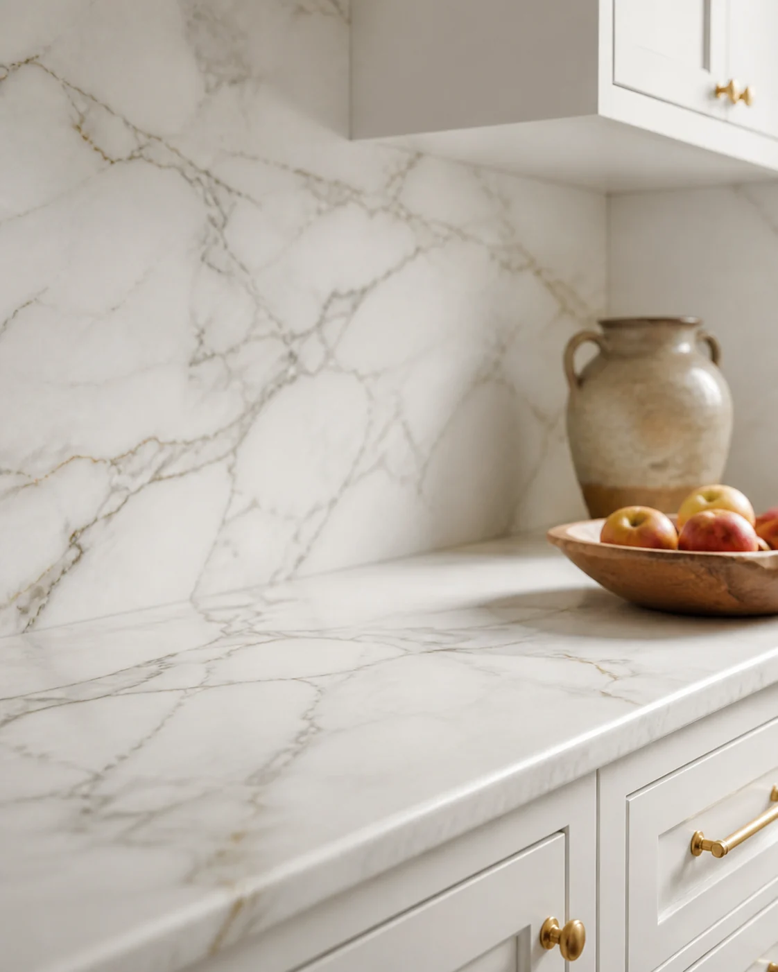 Calacatta Gold vein flow from the horizontal countertop into the vertical backsplash slab.