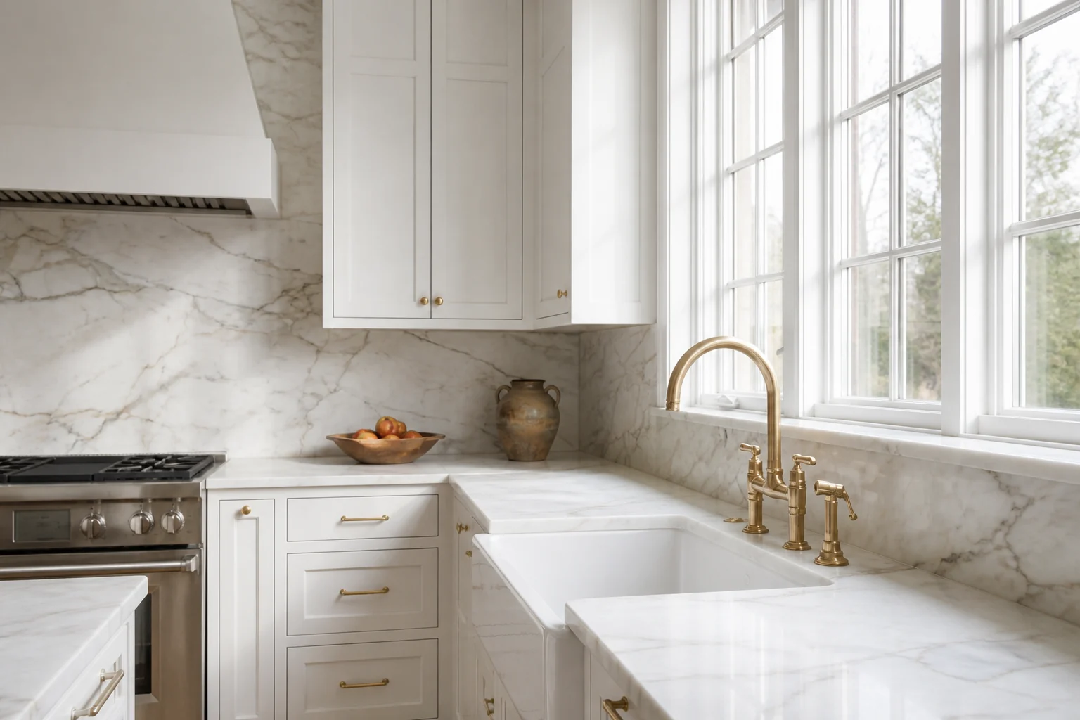 Sink and window view showing the marble counter, sill, and full-height backsplash working as one installation.