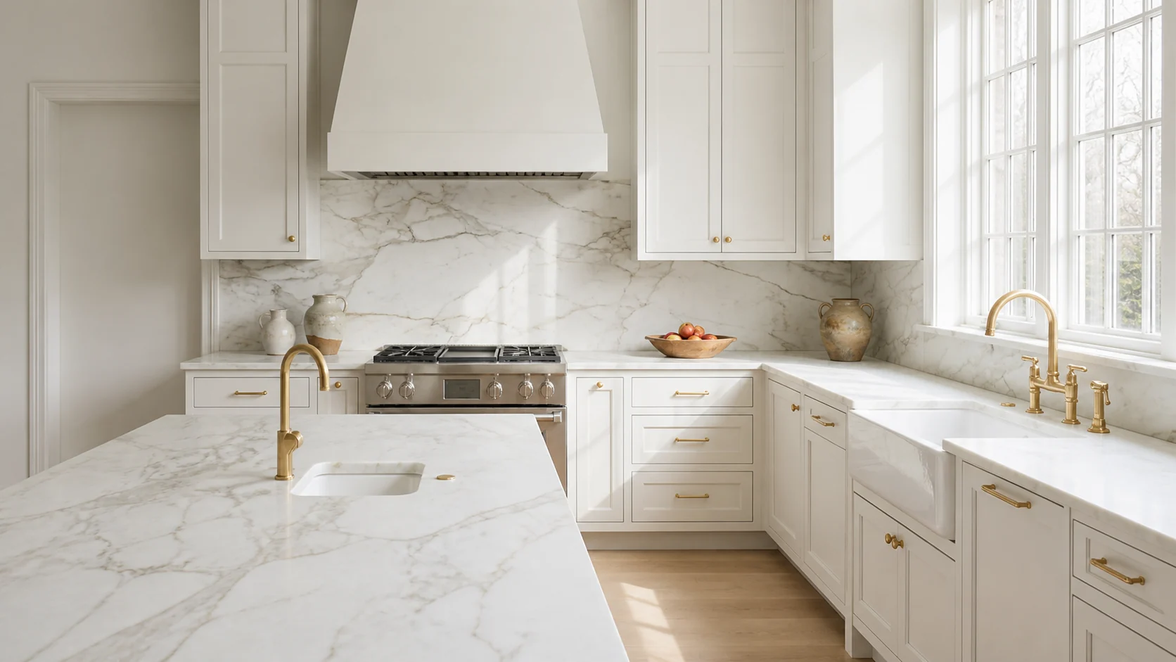 Reverse view of the same white kitchen showing the full backsplash, windows, brass fixtures, and marble island.