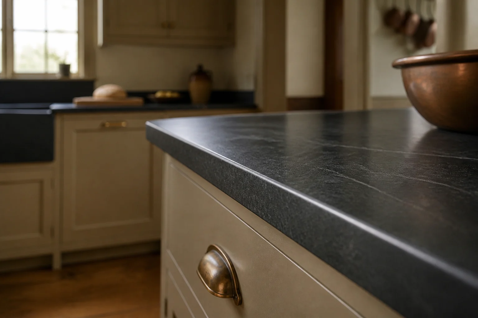 Honed soapstone surface and eased edge above the kitchen’s warm taupe cabinetry.