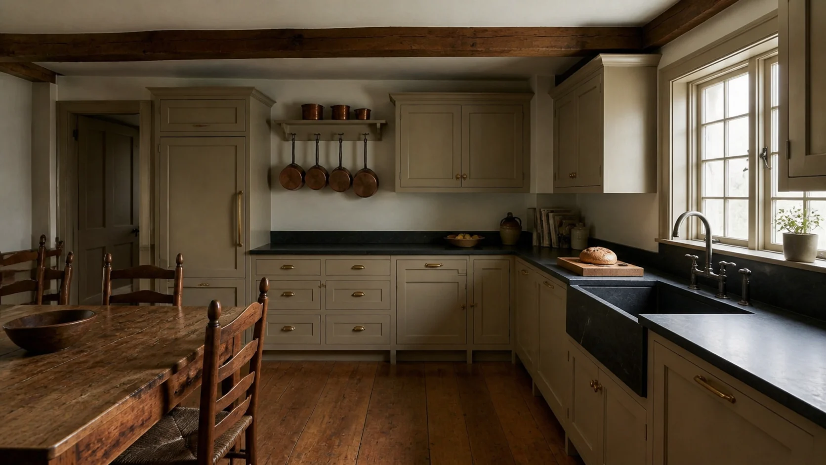 Reverse view of the same farmhouse kitchen with warm taupe cabinetry, soapstone worktops, copper cookware, and exposed beams.
