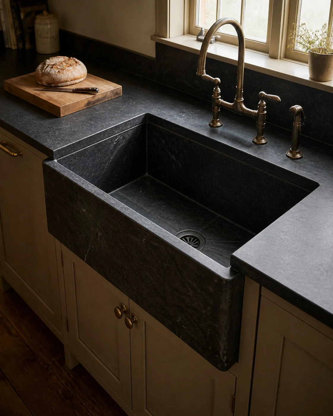 Close view of the hand-fabricated integral soapstone sink, drain, seams, and aged-brass fixtures.