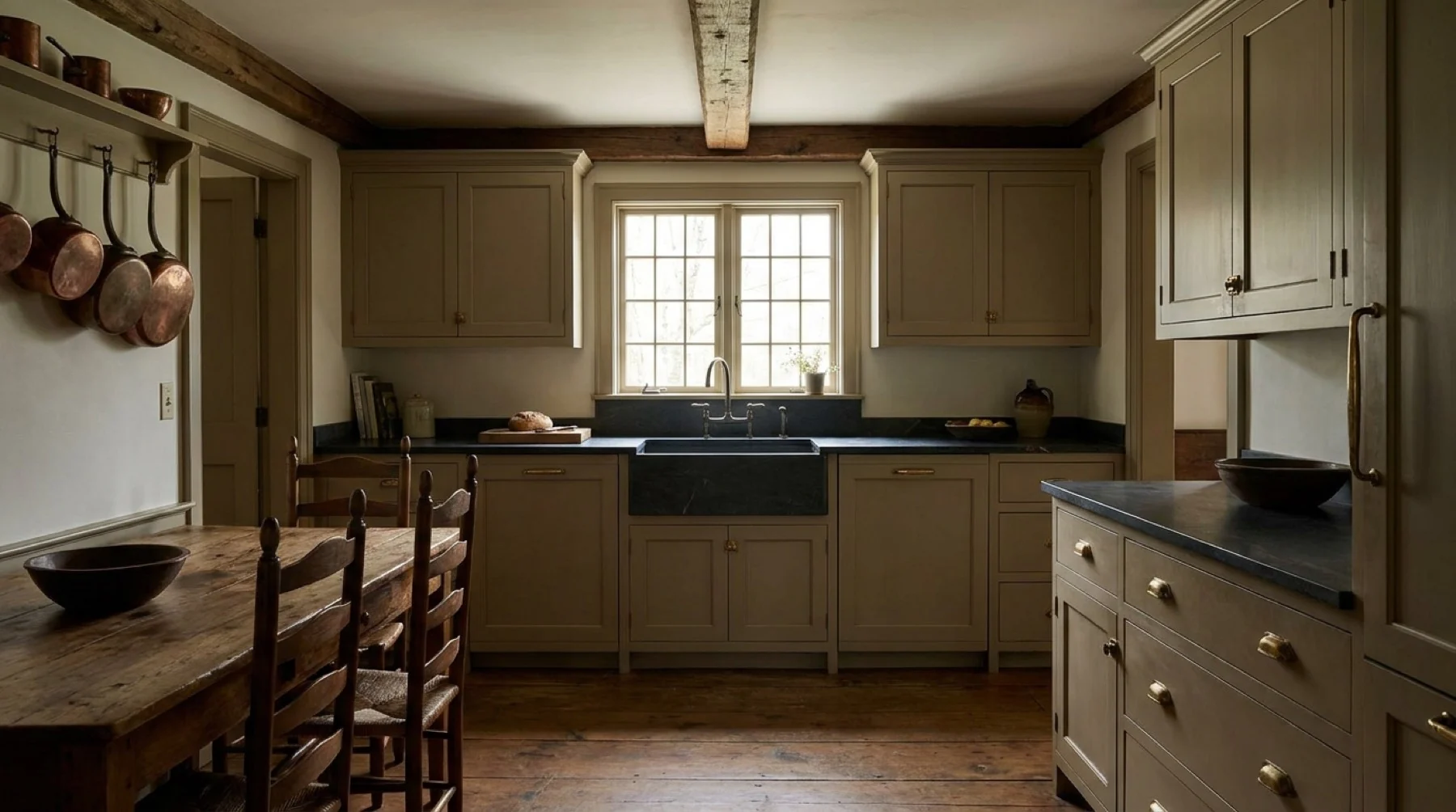 Wide farmhouse kitchen with charcoal soapstone counters and an integral soapstone sink beneath the window.