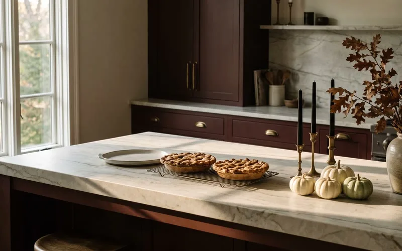 Leathered quartzite kitchen island set for Thanksgiving with pies, pumpkins and black taper candles against oxblood cabinetry