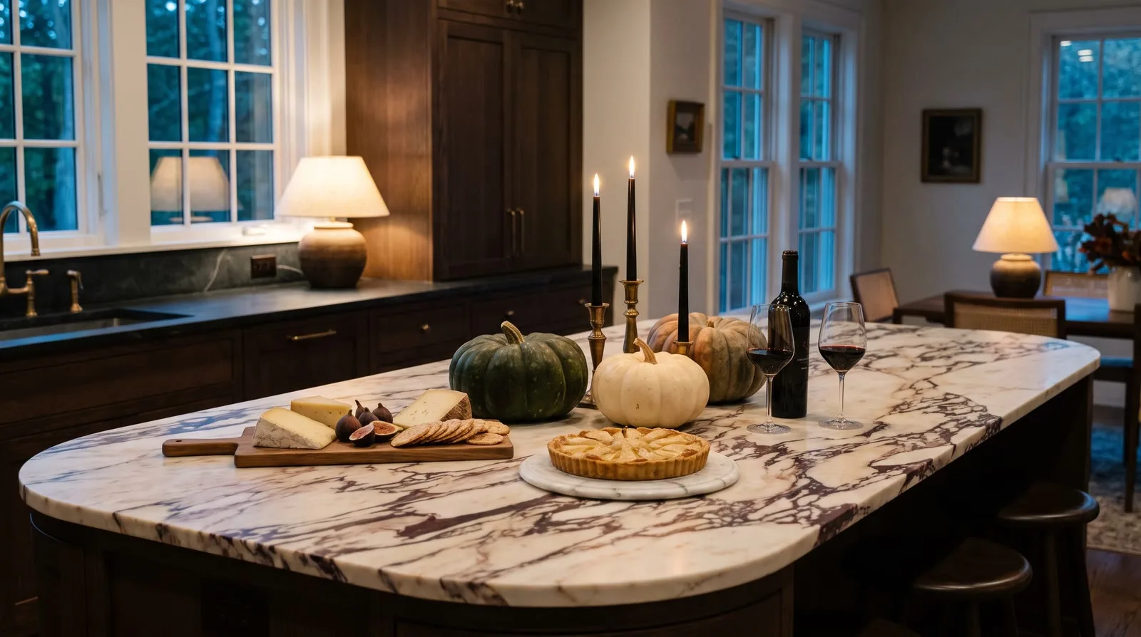 Curved kitchen island with a burgundy-veined Calacatta Viola marble top set for a fall gathering