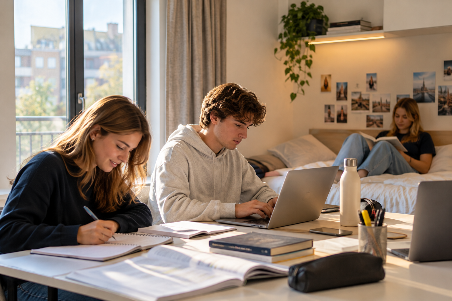 Studenten studeren samen in een studio met zicht op de stad
