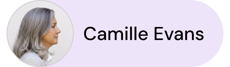 Profile photo of a woman with gray hair facing left next to the name Camille Evans.