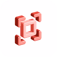 Red 3D icon resembling a scan or focus frame with corner brackets around a central square.