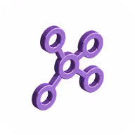 Purple 3D icon of four nodes connected to a central node representing a network or connection.