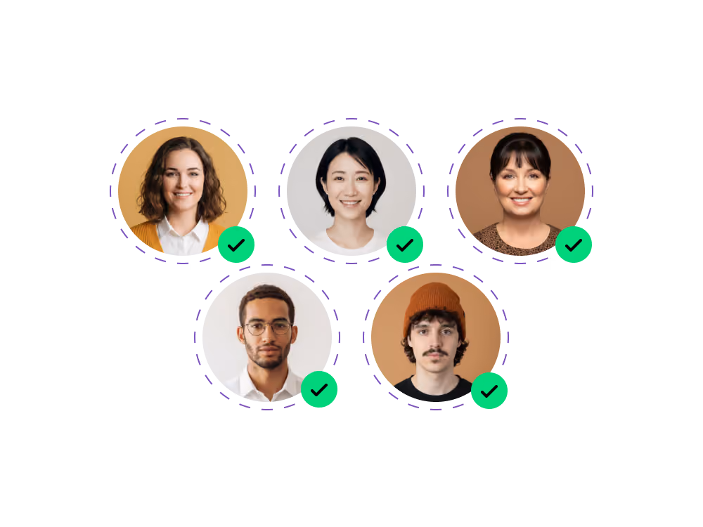 Portraits of five smiling diverse people with green check marks next to each of them.