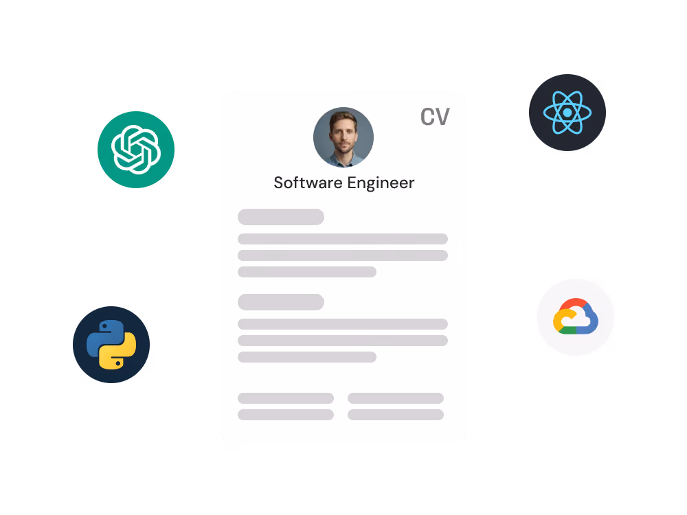 Software engineer CV with portrait surrounded by logos for OpenAI, Python, React, and Google Cloud.