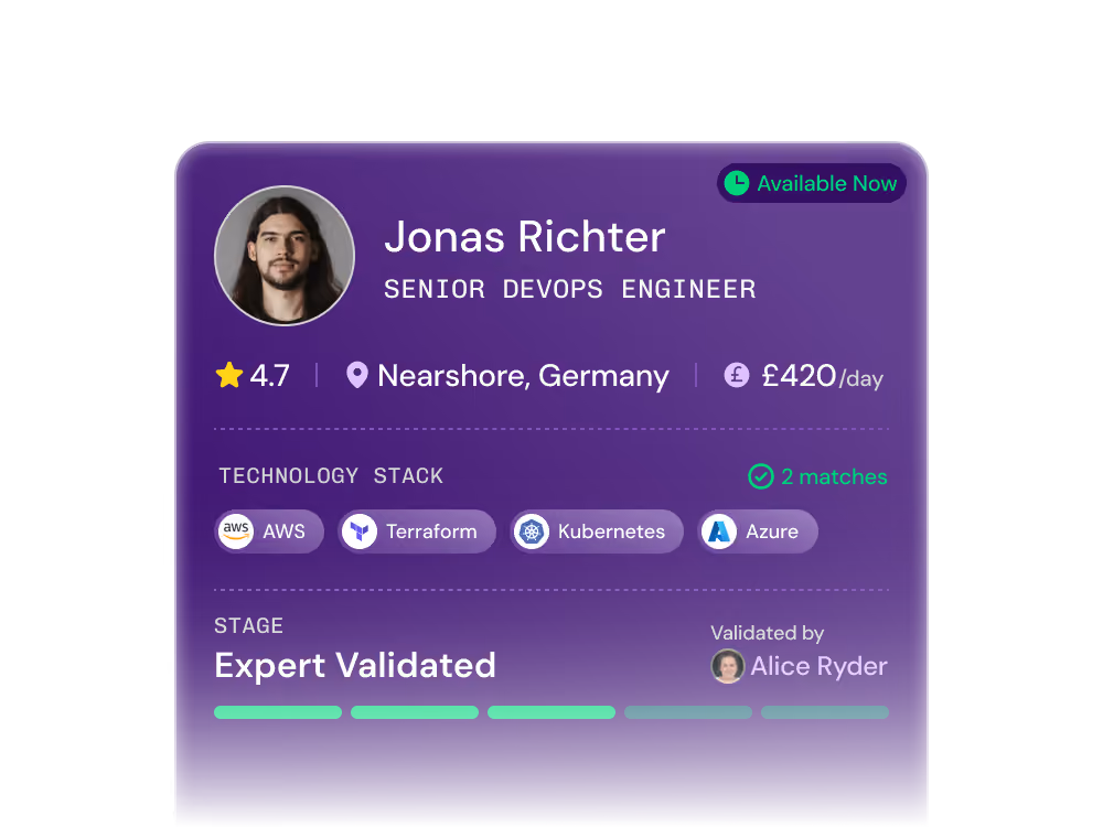 Profile card of Jonas Richter, Senior DevOps Engineer nearshore Germany, rated 4.7, £420/day, expert validated.