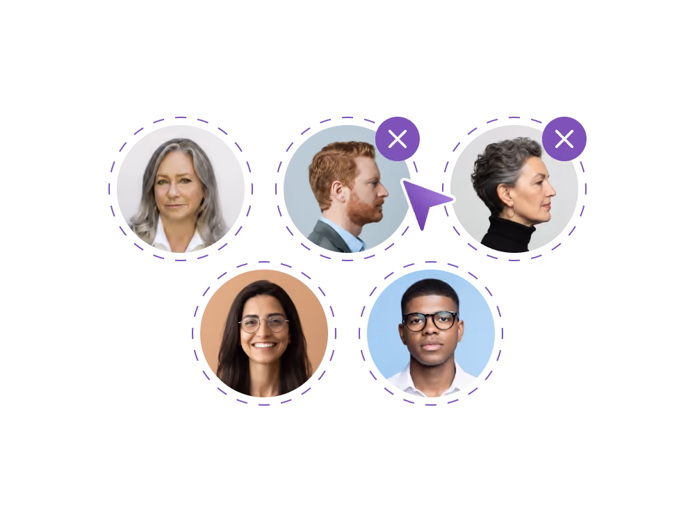 Five diverse portraits in circles with two profiles marked for removal by a cursor and X icons.