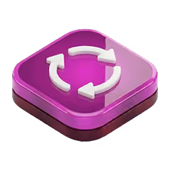 Purple 3D square icon with three white circular arrows forming a refresh symbol.