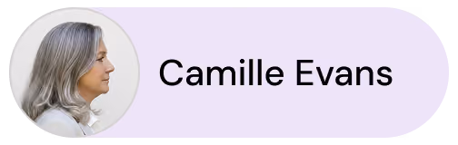 Profile picture of a woman with gray hair next to the name Camille Evans on a light background.