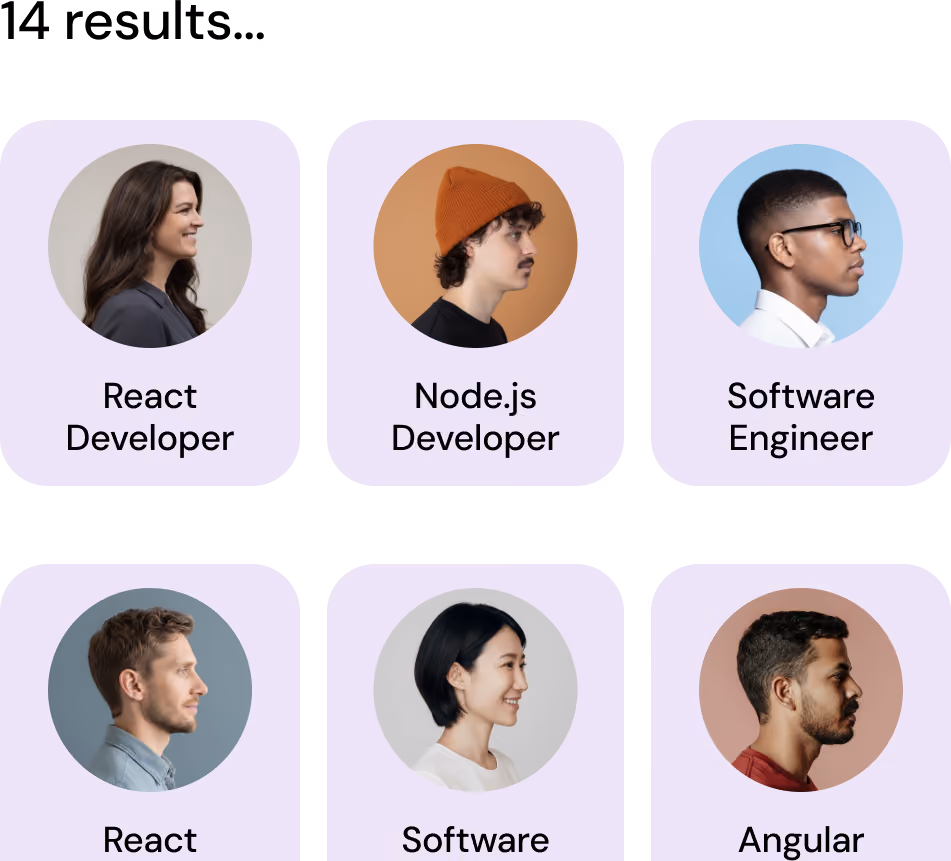 Profile photos of four developers labeled React Developer, Javascript Developer, and two unnamed roles.