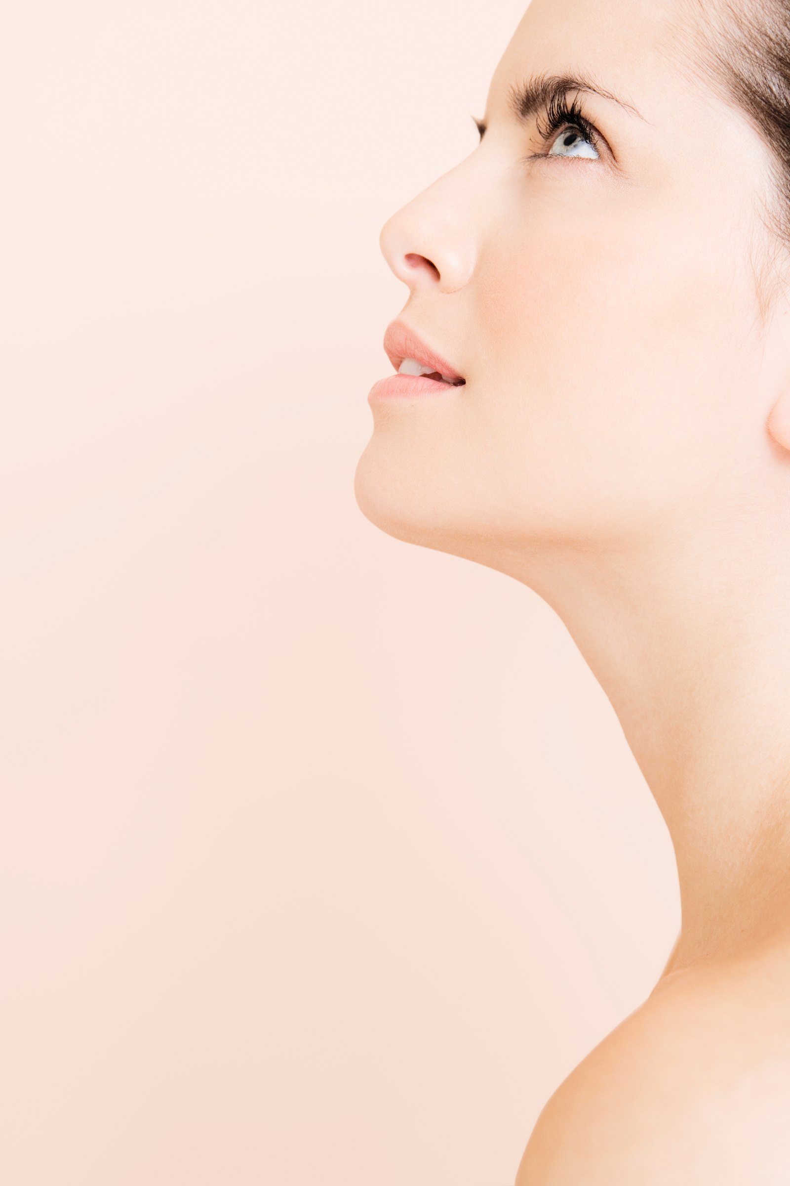 The arch of a neck and jaw seen from below, against a warm peach ground