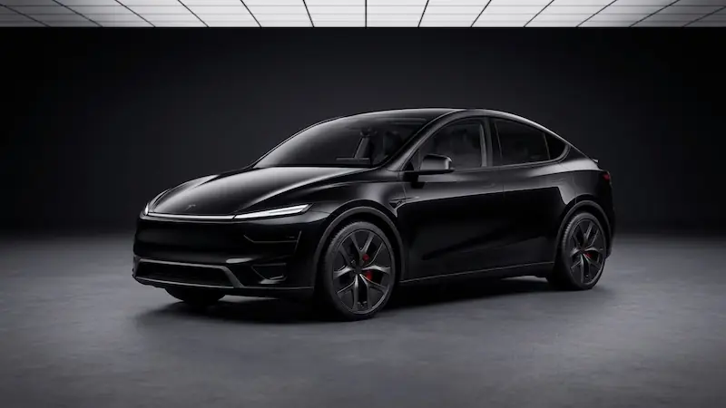 Foto profesional de un Tesla Model Y negro en un garaje de lujo oscuro