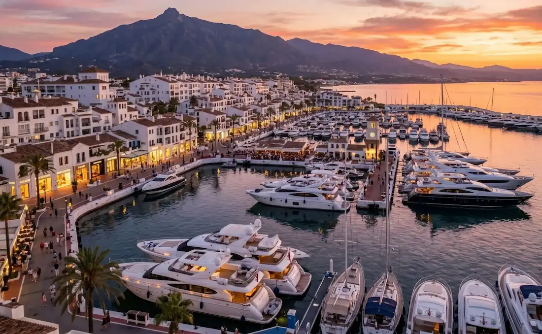 Plano general de Puerto Banús durante el atardecer con barcos atracados