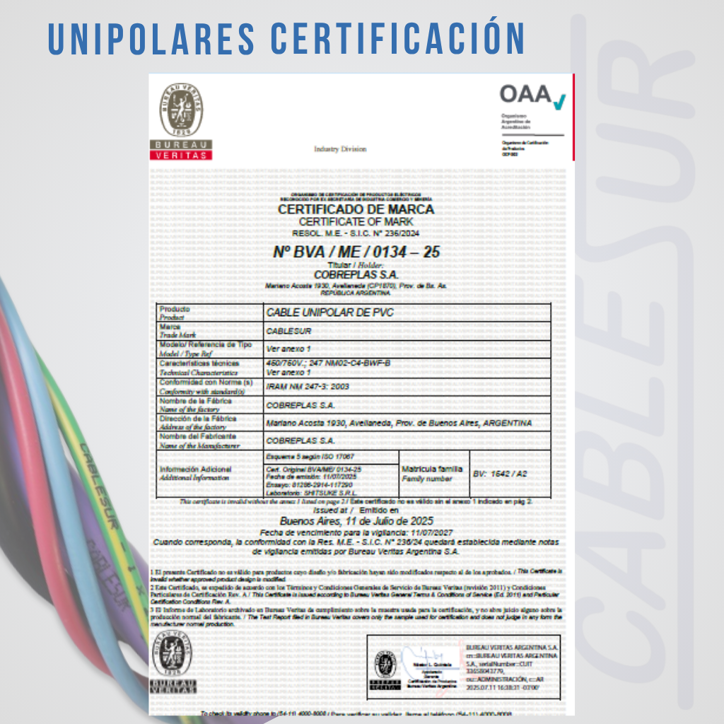 Certificado Bureau Veritas del cable unipolar Cablesur