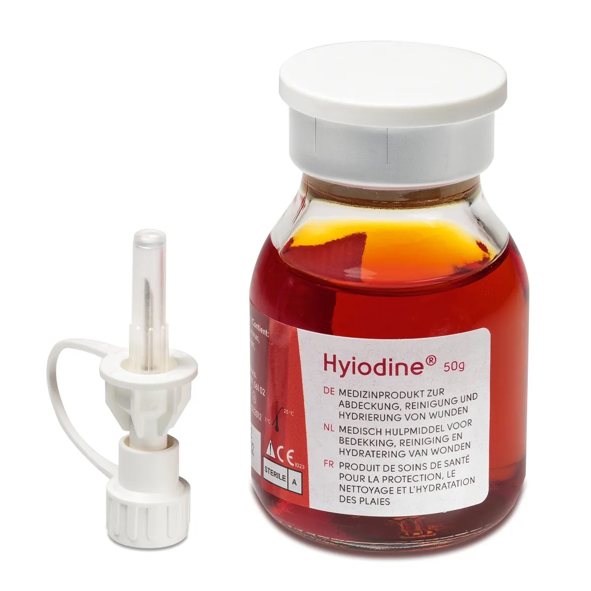 Flasche mit roter Flüssigkeit und weißem Etikett mit der Aufschrift Hyiodine 50g, daneben ein weißer Applikator.
