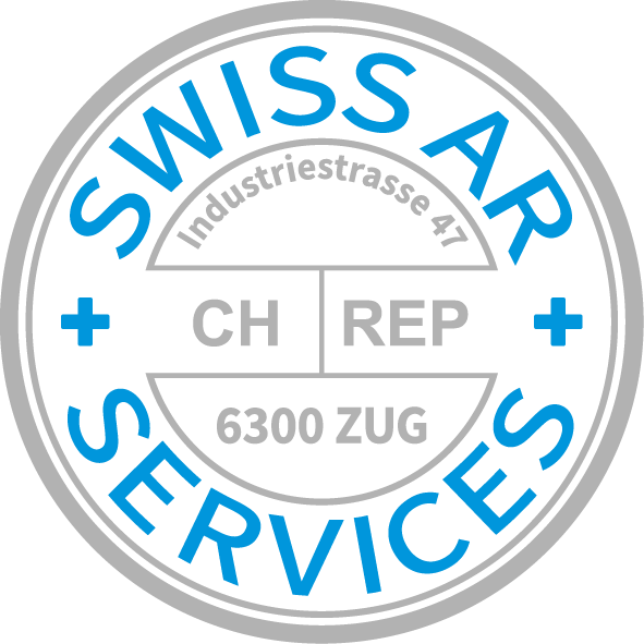 Logo von Swiss AR Services mit grauem runden Rahmen, blauen Schriftzug 'SWISS AR SERVICES' und grauer Adresse 'Industriestrasse 47, CH REP, 6300 Zug'.