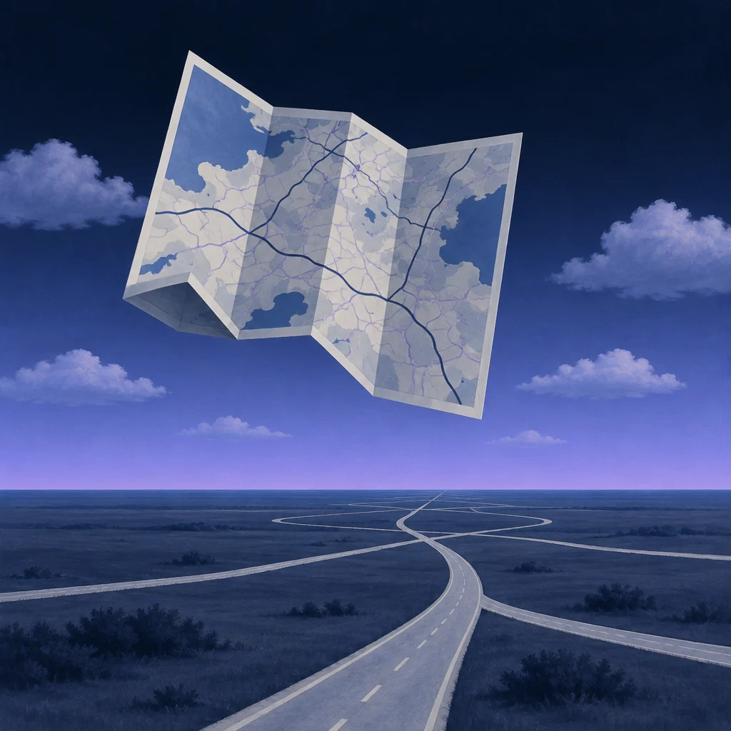 A paper map unfolding into real roads