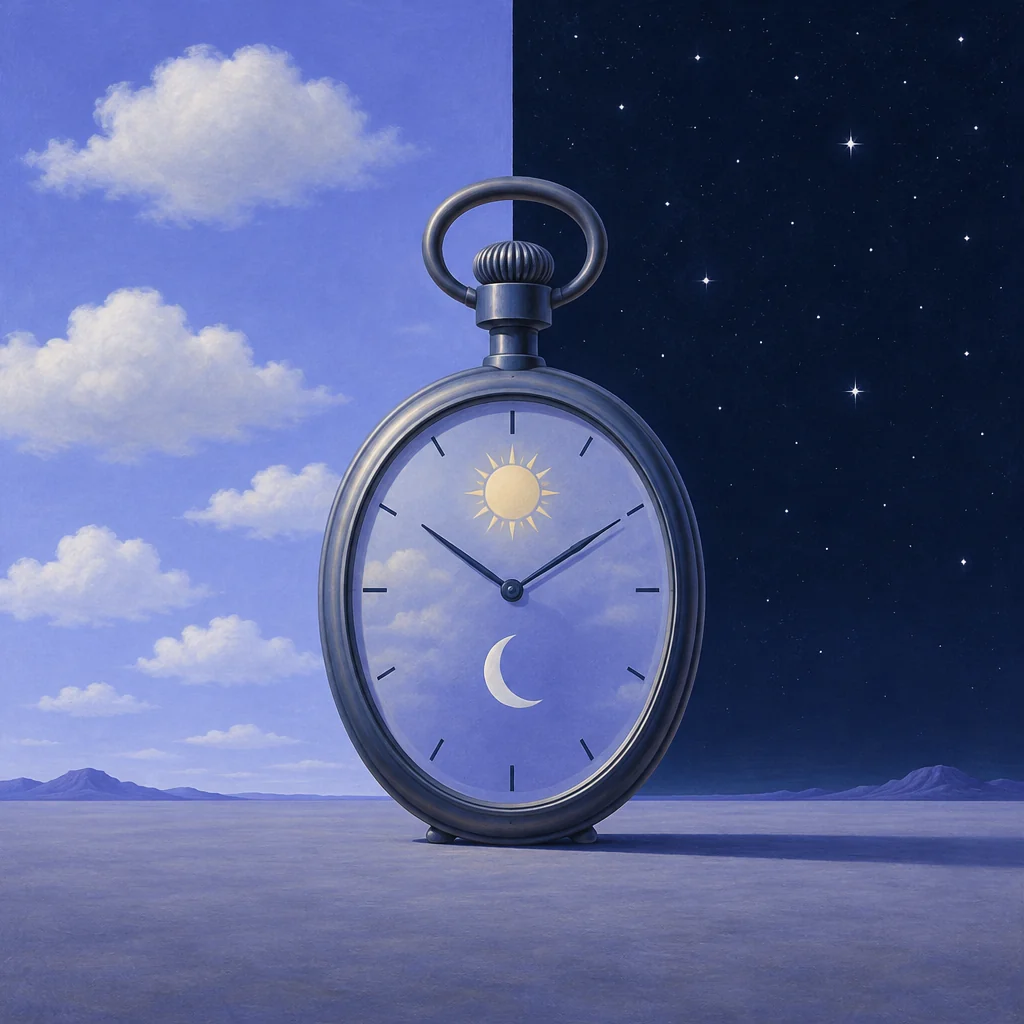 A pocket watch showing both sun and moon under a split day and night sky