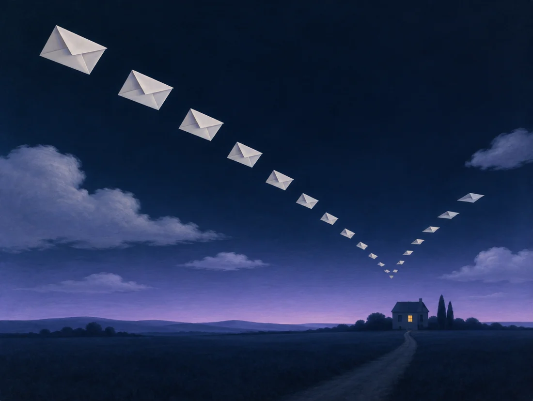 Operators walk beside the firm's staff along a lit path, each pair sharing one lantern